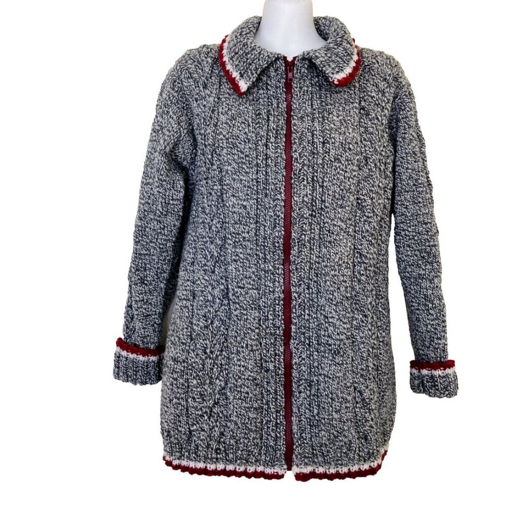 Wool Cabin Cardigan Zip Up Cable Knit Sweater Grey w/ Red Trim Handknit Cowichan